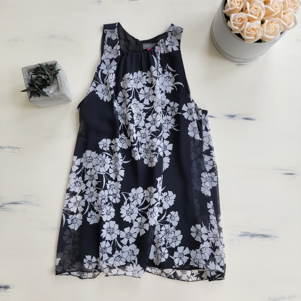 Vince Camuto Sleeveless Round Neck Chiffon Blouse XS | Black with White Flowers